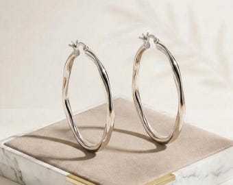 Pendientes de aro ovalados ondulados y retorcidos de plata 925, pendientes grandes pulidos para mujer.