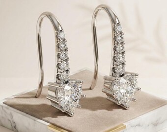 Heart Cut CZ Dangle Earrings Sterling Silver, Romantic Drop Hooks for Her