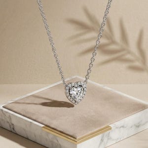 May include: A silver-toned necklace featuring a heart-shaped pendant. The centre of the pendant contains a large, clear, faceted stone surrounded by a halo of smaller, round, clear stones. The pendant hangs from a delicate silver-toned chain.