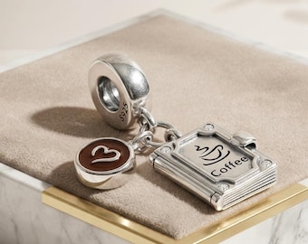 Charm con forma de libro de menú de café, de plata de ley 925, para pulseras Pandora.