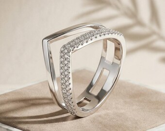 Pave CZ open vierkante statement ring in sterlingzilver