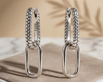 Pendientes de aro ovalados Huggie Drop de plata 925, pendientes minimalistas de cadena de serpiente