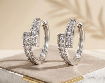 Wide Wrap Pave CZ Huggie Hoops Sterling Silver, Bold Sparkle Hoops for Her