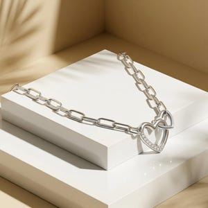 Minimalist Silver Heart Infinity Necklace with CZ Paperclip Link Chain 50cm.