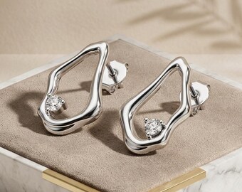 Organic Shape Drop Earrings 925 Sterling Silver CZ Minimalist