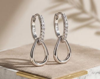 Pendientes de aro en forma de lágrima de plata de ley 925 con circonitas cúbicas brillantes