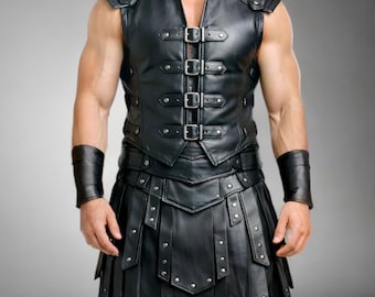 Black Leather Gladiator Kilt for Men | Handmade Roman Warrior Costume Skirt