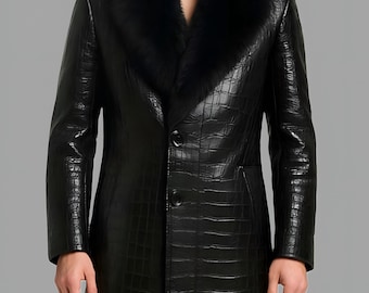 Men’s Handmade Crocodile Embossed Leather Coat | Elegant Long Overcoat