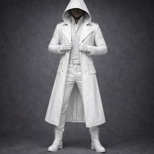 May include: A full-length, white hooded coat with a matching white outfit. The coat features a double-breasted design, a belt at the waist, and pockets. The outfit includes a collared shirt, pants, gloves, and lace-up boots. The background is a solid gray.