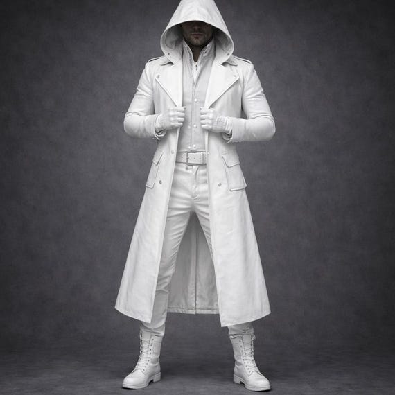 Genuine White Leather Hooded Coat Set Medieval Assassin Outfit