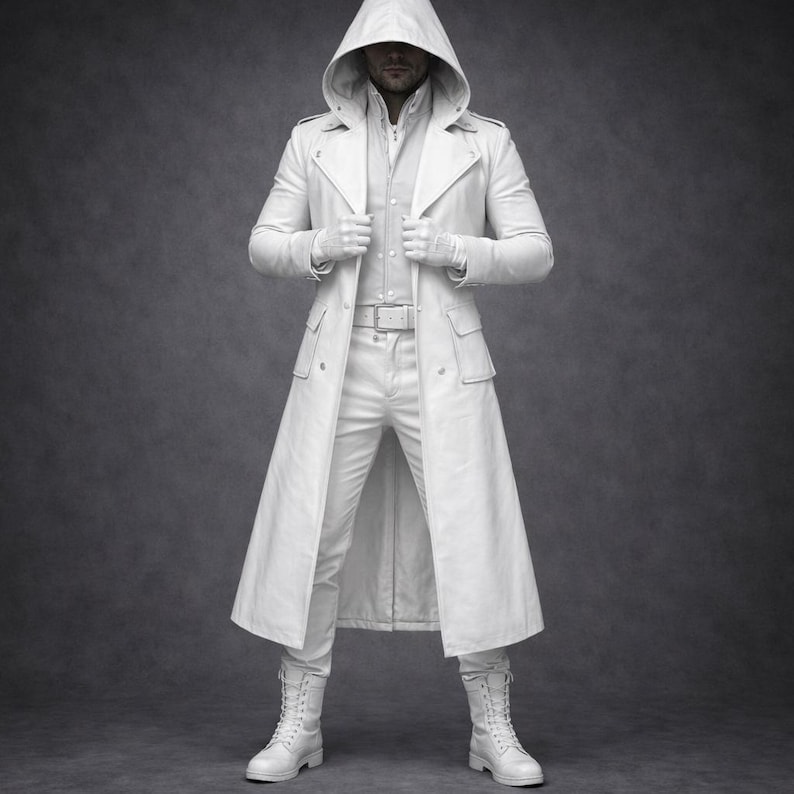 May include: A full-length, white hooded coat with a matching white outfit. The coat features a double-breasted design, a belt at the waist, and pockets. The outfit includes a collared shirt, pants, gloves, and lace-up boots. The background is a solid gray.