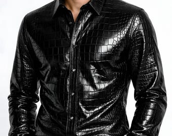 Men’s Genuine Croc Embossed Leather Shirt | Black