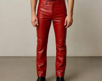 Men’s Genuine Red Leather Pants – Slim Fit Leather Trousers