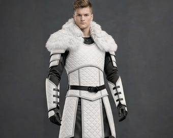 White Leather Medieval Knight Armor with Fur Collar | Fantasy LARP Costume