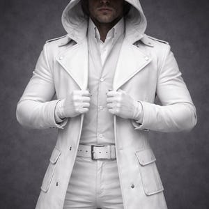 May include: A white hooded trench coat with a double-breasted design, featuring a belt and pockets. The coat is worn over a white shirt and pants, with white gloves. The overall style is sleek and modern.