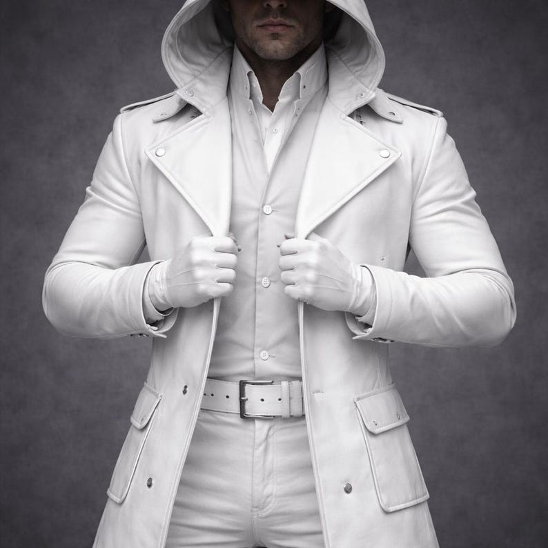May include: A white hooded trench coat with a double-breasted design, featuring a belt and pockets. The coat is worn over a white shirt and pants, with white gloves. The overall style is sleek and modern.