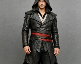 Zwart leren Assassin-kostuum met capuchon en middeleeuwse krijger