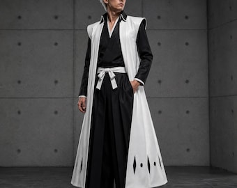 Bleach Captain Haori Real Leather Toshiro Hitsugaya Cosplay | Anime LARP Coat | Soul Reaper Shinigami Costume | White Black Hollow Cut Cloak