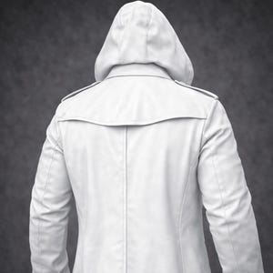 May include: A white hooded trench coat, viewed from the back. The coat features a hood, shoulder epaulettes, and a double-breasted design. The coat is made of a smooth, possibly leather-like material, and has long sleeves.