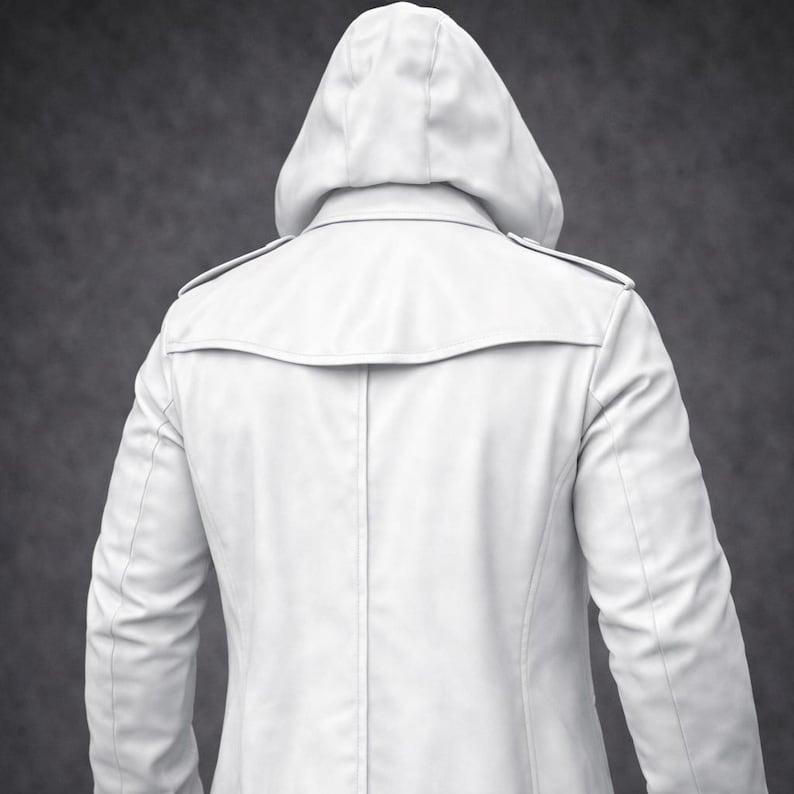 May include: A white hooded trench coat, viewed from the back. The coat features a hood, shoulder epaulettes, and a double-breasted design. The coat is made of a smooth, possibly leather-like material, and has long sleeves.