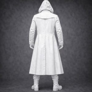 May include: A white hooded coat with a long, flowing design. The coat features a high collar, shoulder accents, and a button-down front. The outfit includes matching gloves and boots, creating a complete ensemble.
