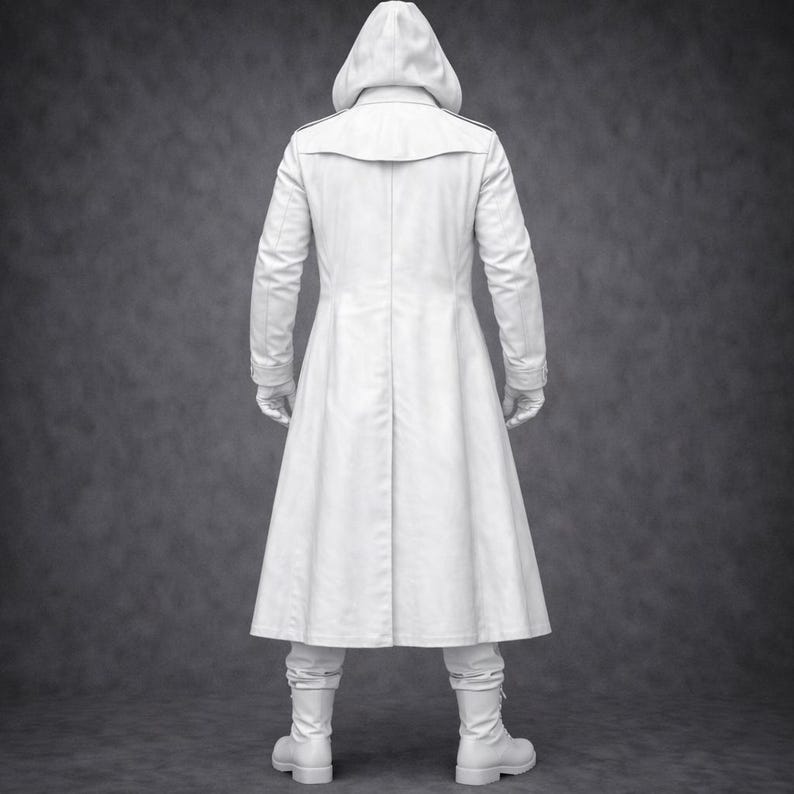 May include: A white hooded coat with a long, flowing design. The coat features a high collar, shoulder accents, and a button-down front. The outfit includes matching gloves and boots, creating a complete ensemble.
