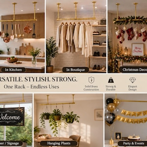 Pu&ograve; includere: Una barra da soffitto in metallo color oro composta da un'asta orizzontale sostenuta da due aste verticali. Il supporto &egrave; mostrato in varie configurazioni, tra cui per appendere utensili da cucina, abbigliamento, decorazioni natalizie, insegne, piante e palloncini.