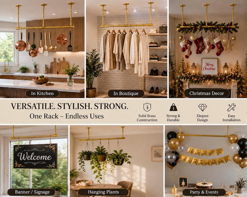 Pu&ograve; includere: Una barra da soffitto in metallo color oro composta da un'asta orizzontale sostenuta da due aste verticali. Il supporto &egrave; mostrato in varie configurazioni, tra cui per appendere utensili da cucina, abbigliamento, decorazioni natalizie, insegne, piante e palloncini.
