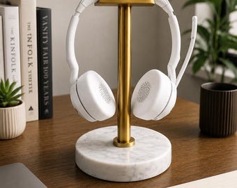 Luxury Brass Headphone Stand with White Marble Base – Desktop Headset Holder, Modern Gaming Headphone Organizer, Office Desk Accessory