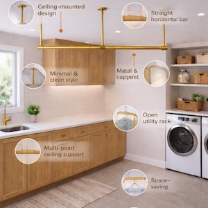 Pu&ograve; includere: Un supporto in ottone montato a soffitto con una barra orizzontale dritta, supporti multipli a soffitto e struttura in metallo. L'immagine include i testi: Ceiling-Mounted Brass Rack Features, Ceiling-mounted design, Straight horizontal bar, Minimal & clean style, Metal & support, Open utility rack, Multi-point ceiling support, Space-saving, Modern interior match e Modern interior compacts.