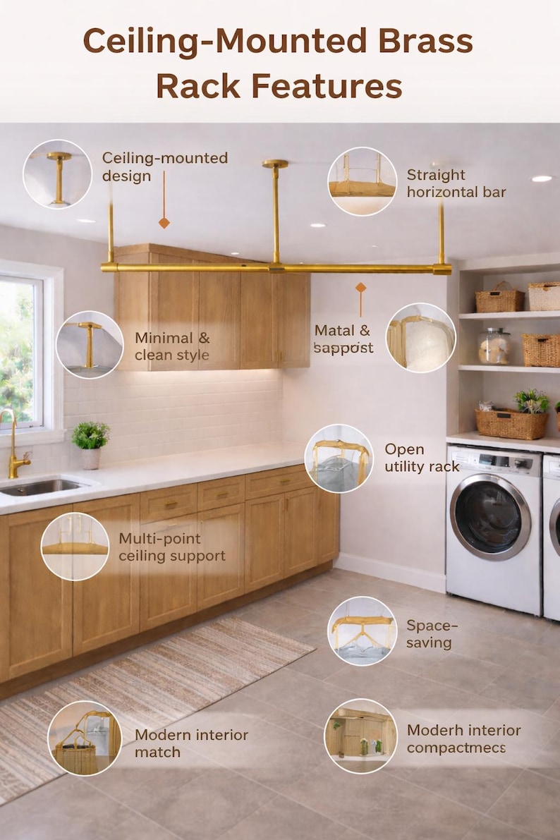 Pu&ograve; includere: Un supporto in ottone montato a soffitto con una barra orizzontale dritta, supporti multipli a soffitto e struttura in metallo. L'immagine include i testi: Ceiling-Mounted Brass Rack Features, Ceiling-mounted design, Straight horizontal bar, Minimal & clean style, Metal & support, Open utility rack, Multi-point ceiling support, Space-saving, Modern interior match e Modern interior compacts.
