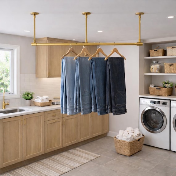 Ceiling-Mounted Brass Hanging Rack for Laundry & Storage