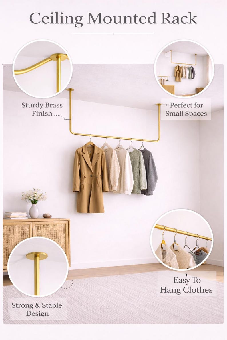Ceiling Mounted Brass Clothing Rack | Minimal U-shaped Hanging Rail ...