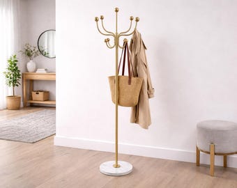 Modern Brass Coat Rack with Marble Base & 8 Brass Ball Hooks