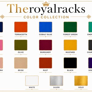 May include: A colour chart titled The royal racks colour collection featuring seventeen rectangular colour swatches labelled navy, terracotta, cobalt blue, forest green, emerald green, pink, olive, burgundy, mustard, charcoal grey, blush warm, beige, rust, black, deep purple, white, silver, and gold.