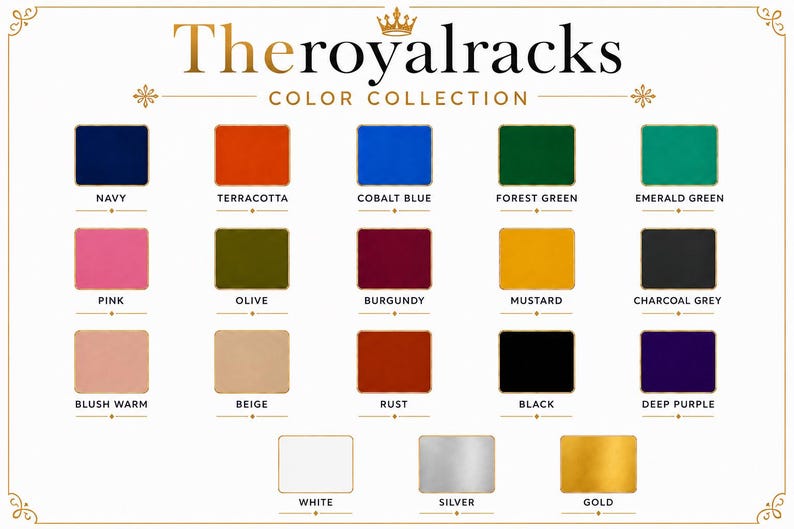 May include: A colour chart titled The royal racks colour collection featuring seventeen rectangular colour swatches labelled navy, terracotta, cobalt blue, forest green, emerald green, pink, olive, burgundy, mustard, charcoal grey, blush warm, beige, rust, black, deep purple, white, silver, and gold.
