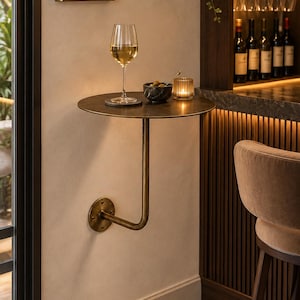 Op de afbeelding: Een aan de muur gemonteerde ronde tafel met een metallic bronzen afwerking, voorzien van een enkele gebogen steunarm bevestigd aan een ronde muurplaat. Het tafeloppervlak bevat een wijnglas, een kleine donkere kom met olijven en een glazen kaarshouder.