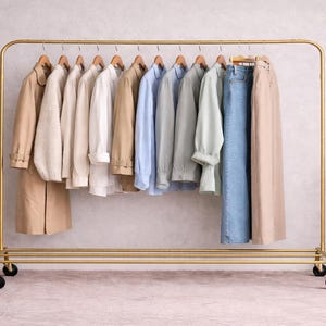 Pode incluir: Um cabideiro dourado exibindo uma variedade de roupas. O cabideiro contém casacos, camisas e calças em cores neutras como bege, branco e azul. O cabideiro está sobre rodas e está em frente a uma parede clara.