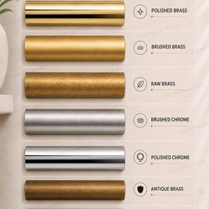 Pu&ograve; includere: Una tabella intitolata PREMIUM BRASS FINISHES che mostra otto campioni di metallo cilindrici. Le finiture includono ottone lucido, ottone spazzolato, ottone grezzo, cromo spazzolato, cromo lucido, ottone antico, patina antica e ottone annerito.