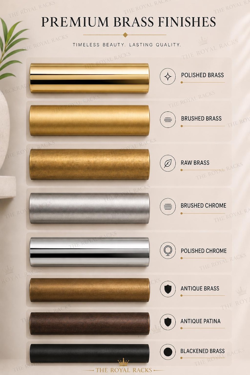 Pu&ograve; includere: Una tabella intitolata PREMIUM BRASS FINISHES che mostra otto campioni di metallo cilindrici. Le finiture includono ottone lucido, ottone spazzolato, ottone grezzo, cromo spazzolato, cromo lucido, ottone antico, patina antica e ottone annerito.