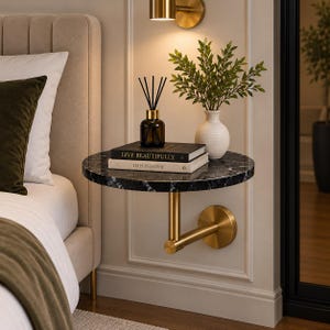 Wall Mounted Round Marble Side Table with Brass Support – Modern Floating Bedside Table