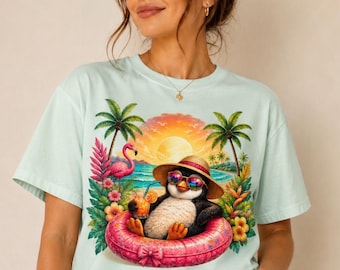 Summer Penguin Beach Shirt Women, Tropical Vacation Tee, Cute Coastal Graphic T-Shirt, Comfort Colors 1717 Summer Tee