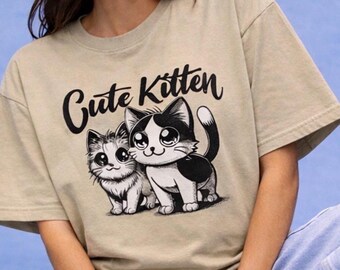 Comfort Colors Kitten T-Shirt, Vintage Cat Graphic Tee, Garment Dyed Cotton Khaki (Sand Beige)