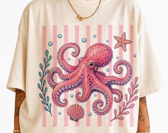 Cute Octopus Beach Shirt, Summer Coastal Tee, Ocean Graphic T Shirt, Sea Life Shirt, Vacation Outfit, Gift for Her