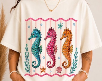 Seahorse Beach Shirt, Coastal Summer Tee, Ocean Graphic T Shirt, Cute Beach Outfit, Vacation Shirt, Gift for Her