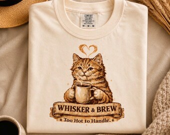 Comfort Colors Cat Coffee Shirt, Whisker & Brew Tee, Cute Cat Lover Gift, Cozy Coffee Cat T Shirt, Funny Cat Mom Graphic Tee