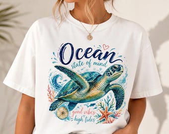Ocean Turtle Shirt Women, Beach Summer Graphic Tee, Ocean State of Mind T-Shirt, Coastal Vacation Outfit, Comfort Colors Cotton Tee
