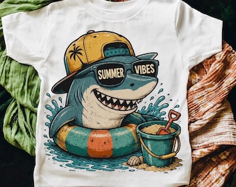 Comfort Colors Summer Shark Shirt Kids, Funny Beach Shark Tee, Summer Vibes Graphic T-Shirt, Cute Ocean Vacation Tee, Moss Green CC Shirt