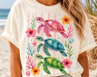 Sea Turtle Shirt Women, Beach Graphic Tee, Summer Coastal Tee, Ocean Lover Gift, Comfort Colors T-Shirt