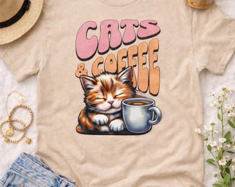 Retro Cats and Coffee T-Shirt, Sleepy Kitten Graphic Tee, Unisex Casual Wear